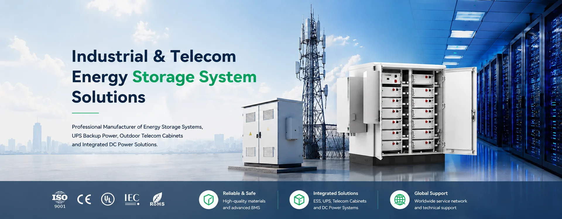 Integrated Power & Energy Solutions including Telecom Power Systems, Commercial & Industrial Energy Storage Systems (ESS), Outdoor Battery Cabinets and UPS Backup Power by DAXIN ENERGY.