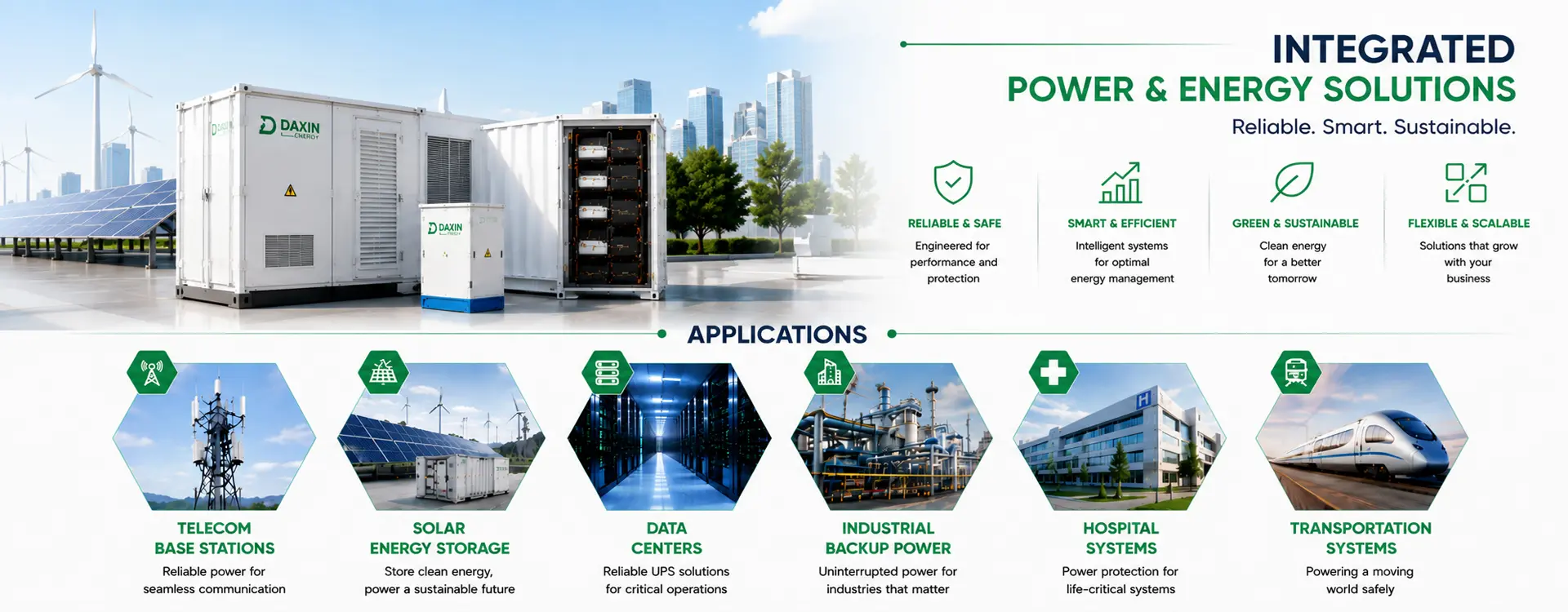 Commercial & Industrial Energy Storage Systems, UPS Backup Power, Telecom Power Systems and Outdoor Battery Cabinets for Renewable Energy Applications by DAXIN ENERGY.