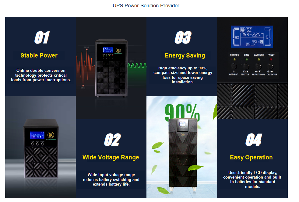 DAXIN ENERGY online UPS key features including stable power, wide voltage range, energy saving and easy operation