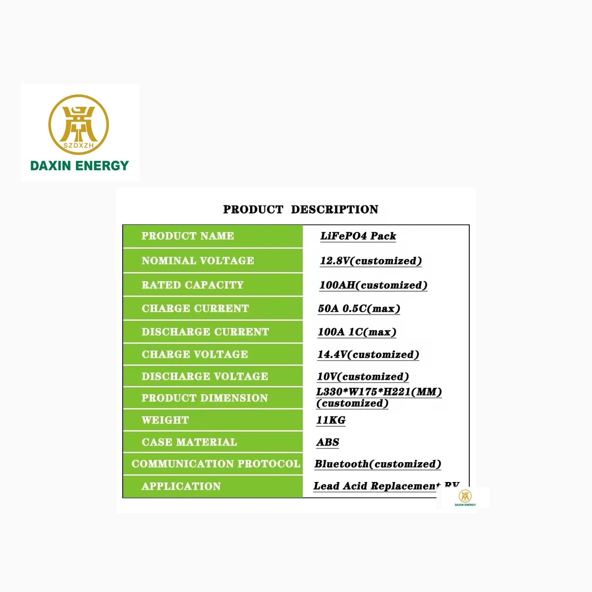 DAXIN 12.8V100AH LiFePO4 Lead-Acid Replacement Battery product view 2 with DAXIN ENERGY branding